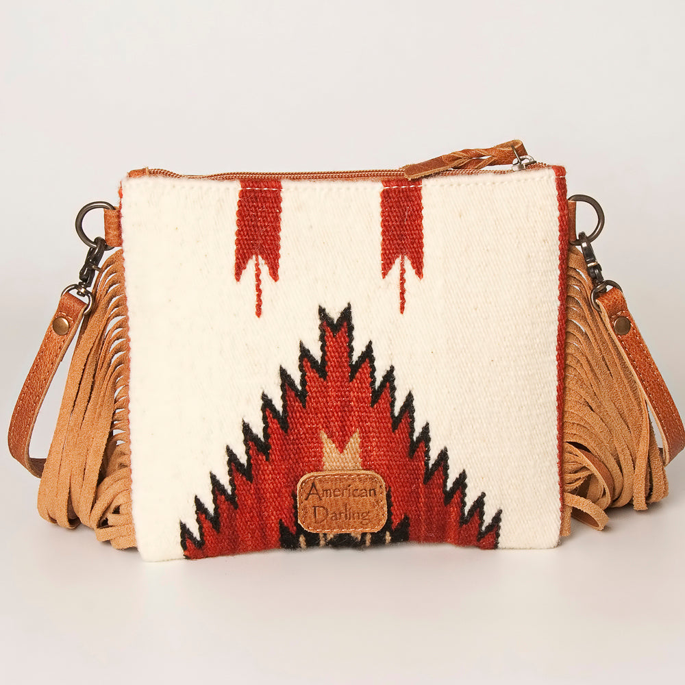 ADBG236 Southwestern Woven Fringe Crossbody Bag with Hand-Tooled Floral Leather Trim