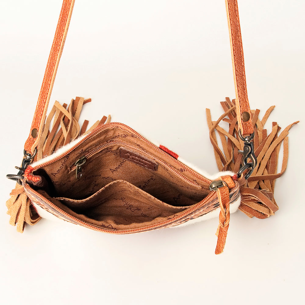 ADBG236 Southwestern Woven Fringe Crossbody Bag with Hand-Tooled Floral Leather Trim