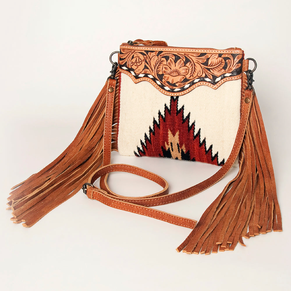 ADBG236 Southwestern Woven Fringe Crossbody Bag with Hand-Tooled Floral Leather Trim