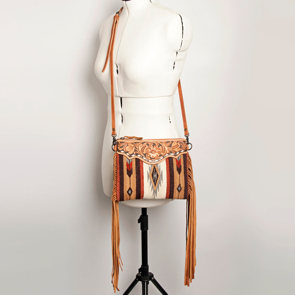 ADBG236 Southwestern Woven Fringe Crossbody Bag with Hand-Tooled Floral Leather Trim