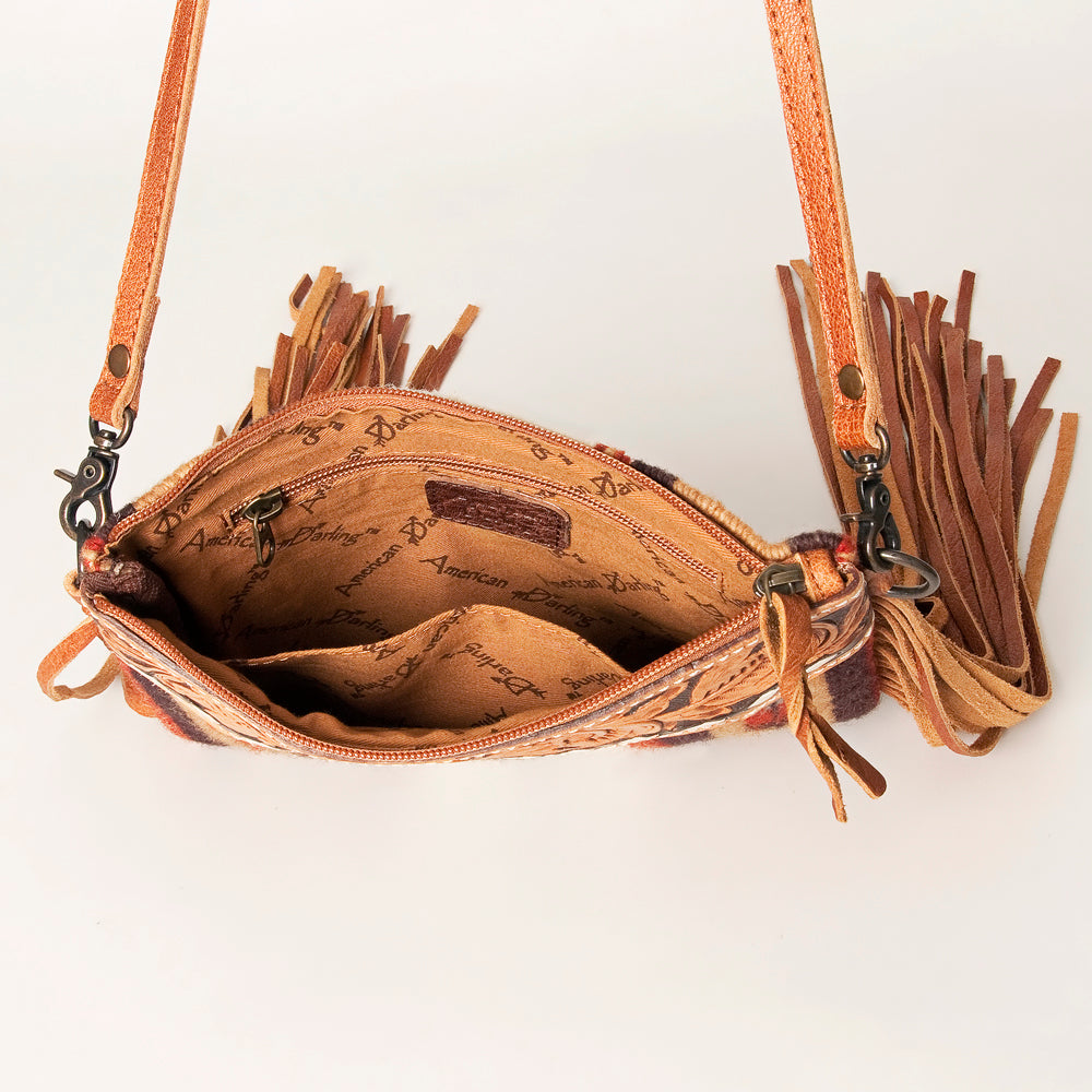 ADBG236 Southwestern Woven Fringe Crossbody Bag with Hand-Tooled Floral Leather Trim