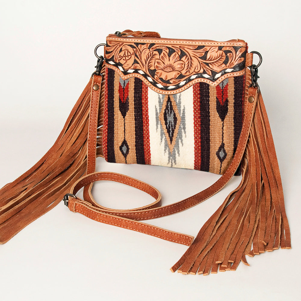 ADBG236 Southwestern Woven Fringe Crossbody Bag with Hand-Tooled Floral Leather Trim