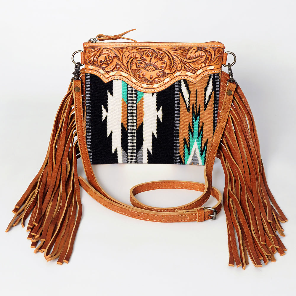 ADBG236 Southwestern Woven Fringe Crossbody Bag with Hand-Tooled Floral Leather Trim