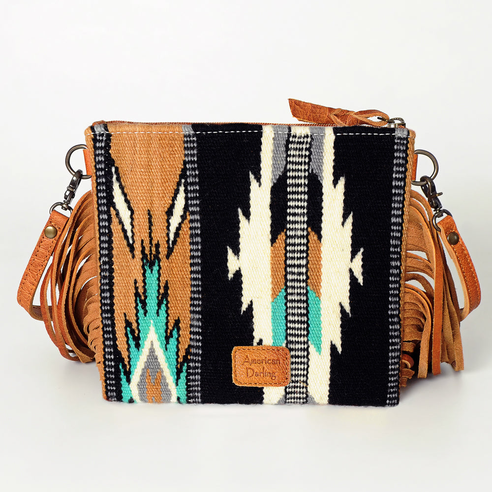 ADBG236 Southwestern Woven Fringe Crossbody Bag with Hand-Tooled Floral Leather Trim