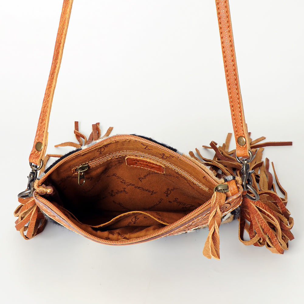 ADBG236 Southwestern Woven Fringe Crossbody Bag with Hand-Tooled Floral Leather Trim