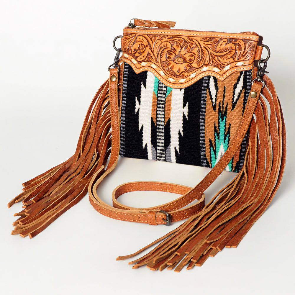 ADBG236 Southwestern Woven Fringe Crossbody Bag with Hand-Tooled Floral Leather Trim