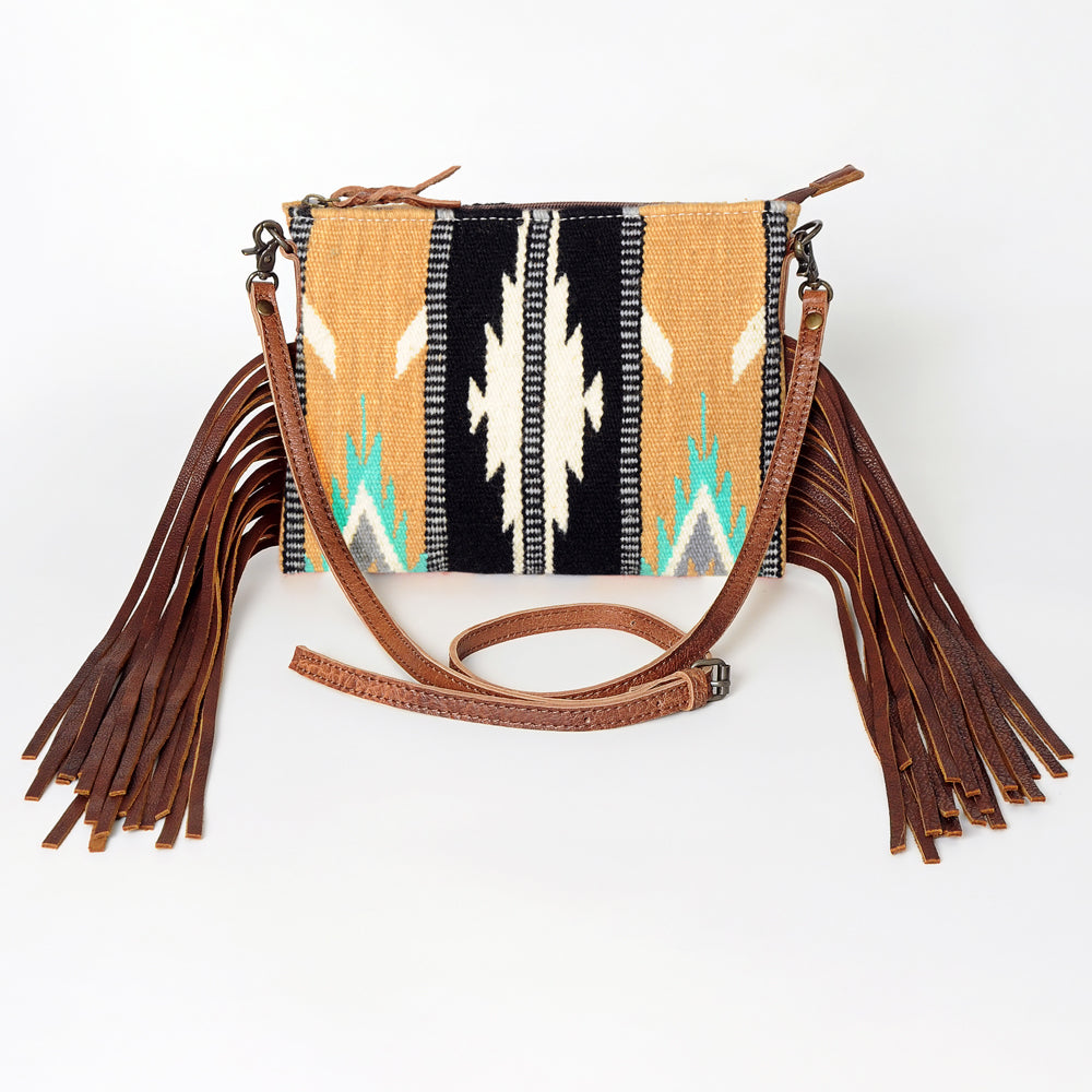 ADBG236 Southwestern Woven Fringe Crossbody Bag with Embossed Leather Trim