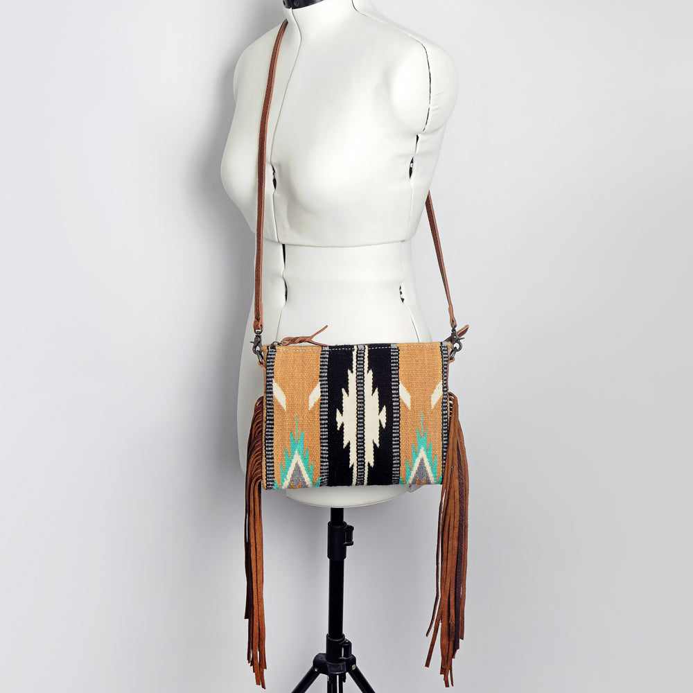 ADBG236 Southwestern Woven Fringe Crossbody Bag with Embossed Leather Trim