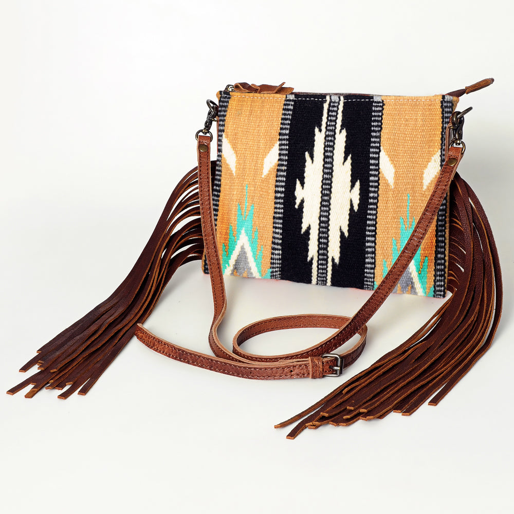 ADBG236 Southwestern Woven Fringe Crossbody Bag with Embossed Leather Trim