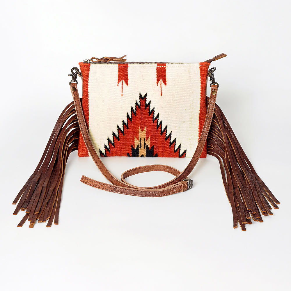 ADBG236 Southwestern Woven Fringe Crossbody Bag with Embossed Leather Trim