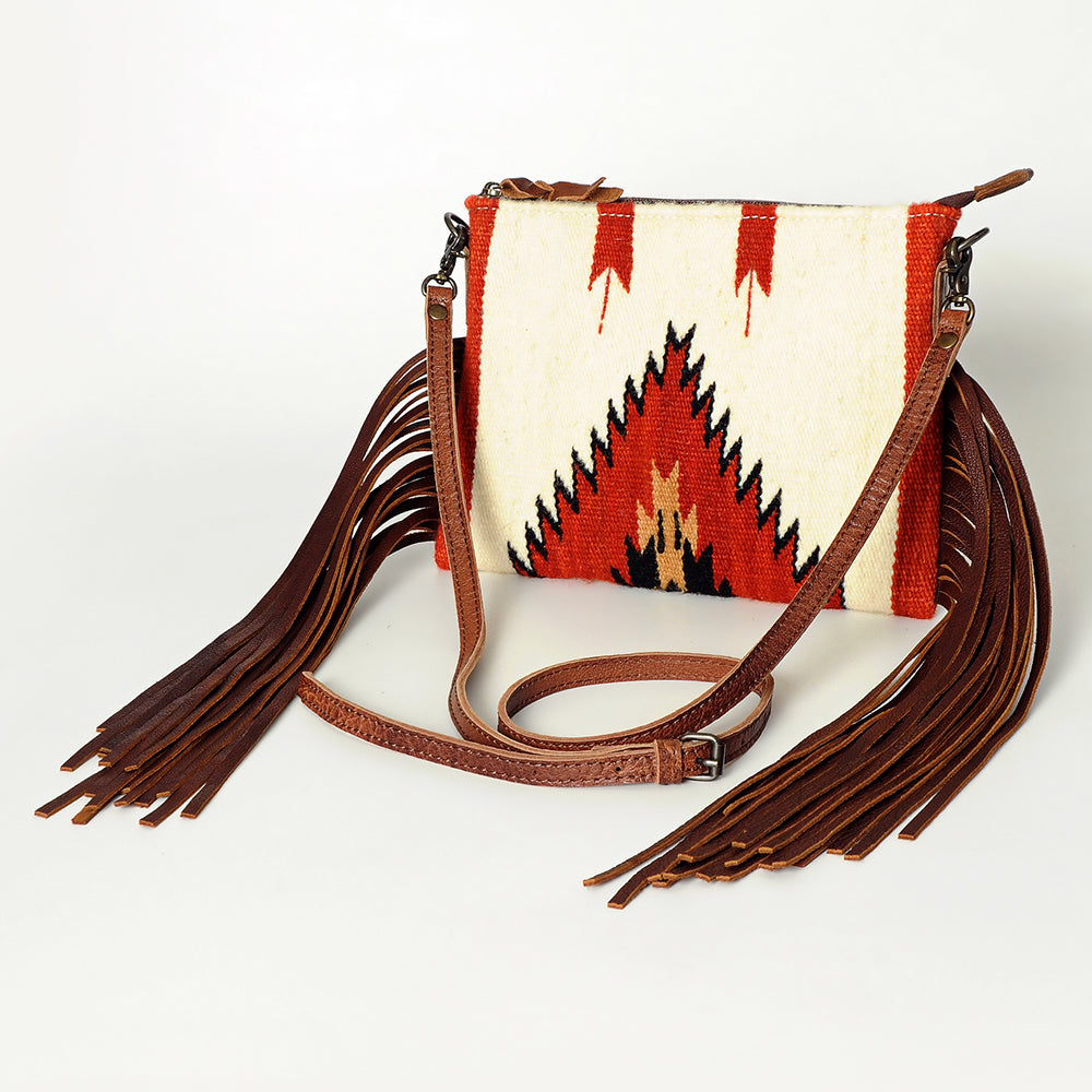 ADBG236 Southwestern Woven Fringe Crossbody Bag with Embossed Leather Trim