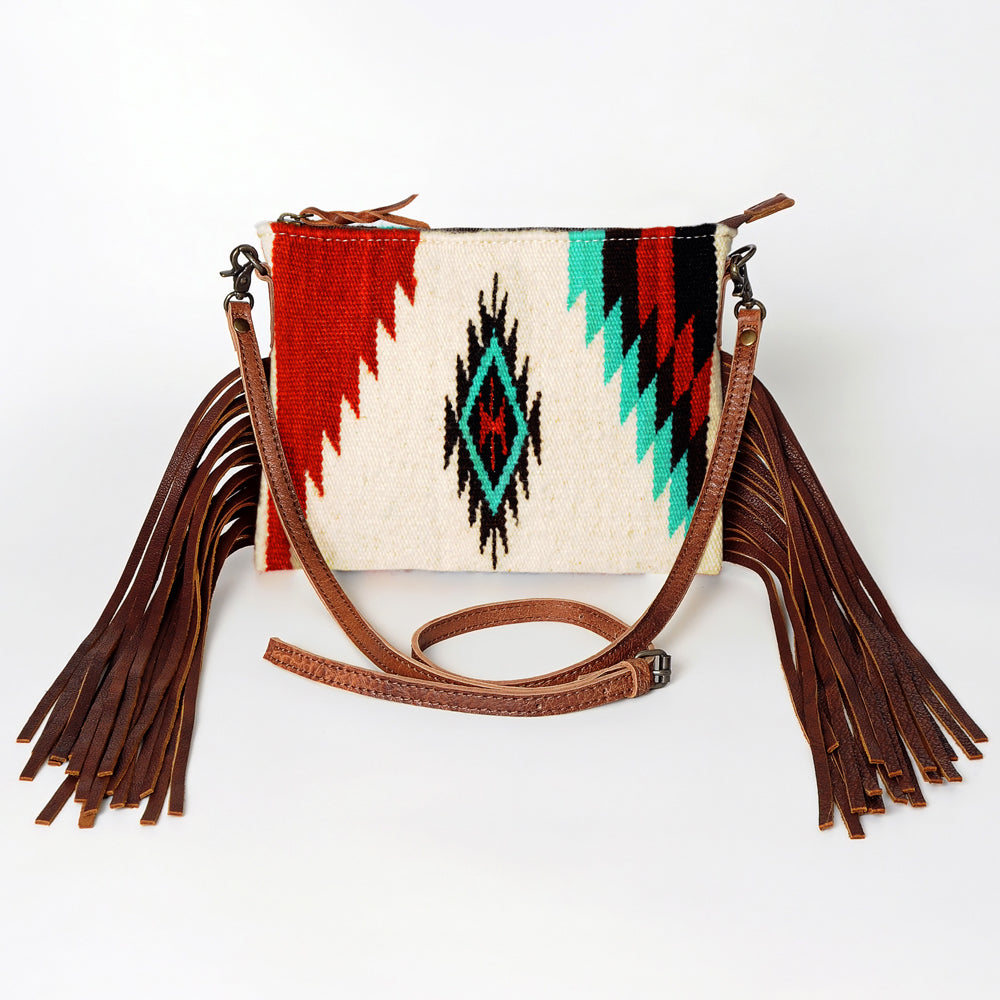 ADBG236 Southwestern Woven Fringe Crossbody Bag with Embossed Leather Trim