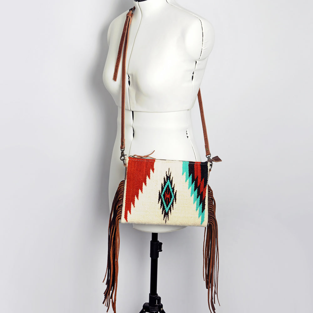 ADBG236 Southwestern Woven Fringe Crossbody Bag with Embossed Leather Trim