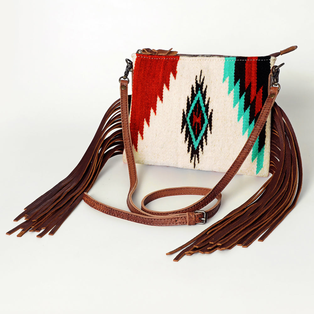 ADBG236 Southwestern Woven Fringe Crossbody Bag with Embossed Leather Trim