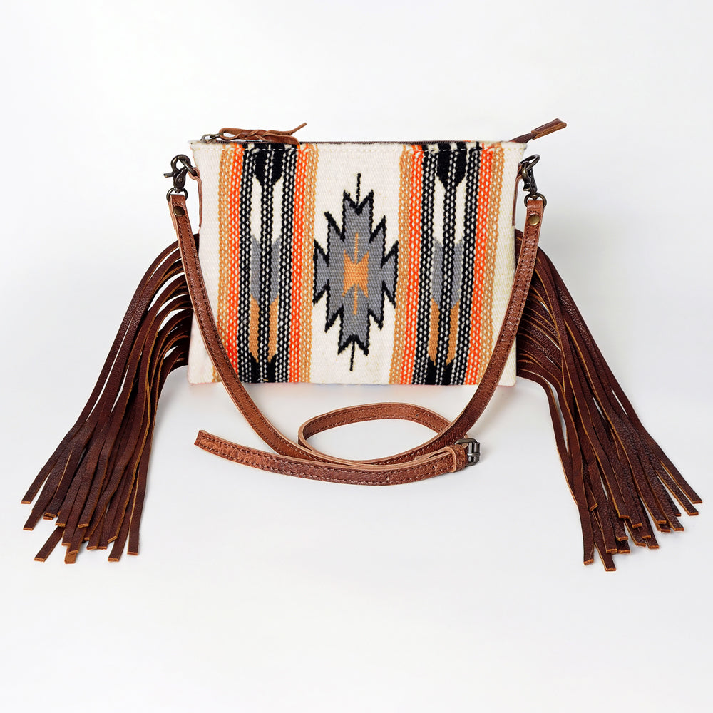 ADBG236 Southwestern Woven Fringe Crossbody Bag with Embossed Leather Trim