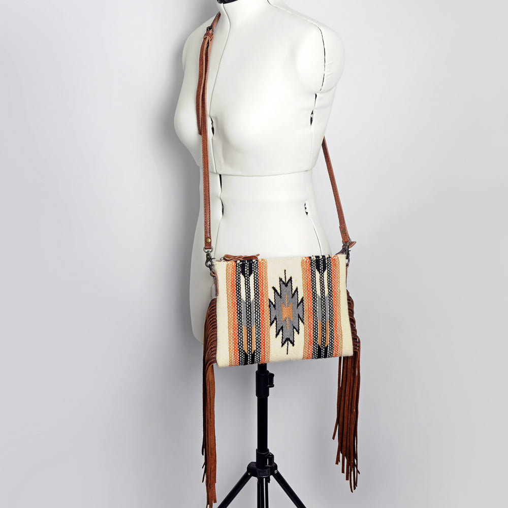 ADBG236 Southwestern Woven Fringe Crossbody Bag with Embossed Leather Trim