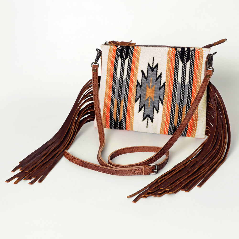 ADBG236 Southwestern Woven Fringe Crossbody Bag with Embossed Leather Trim