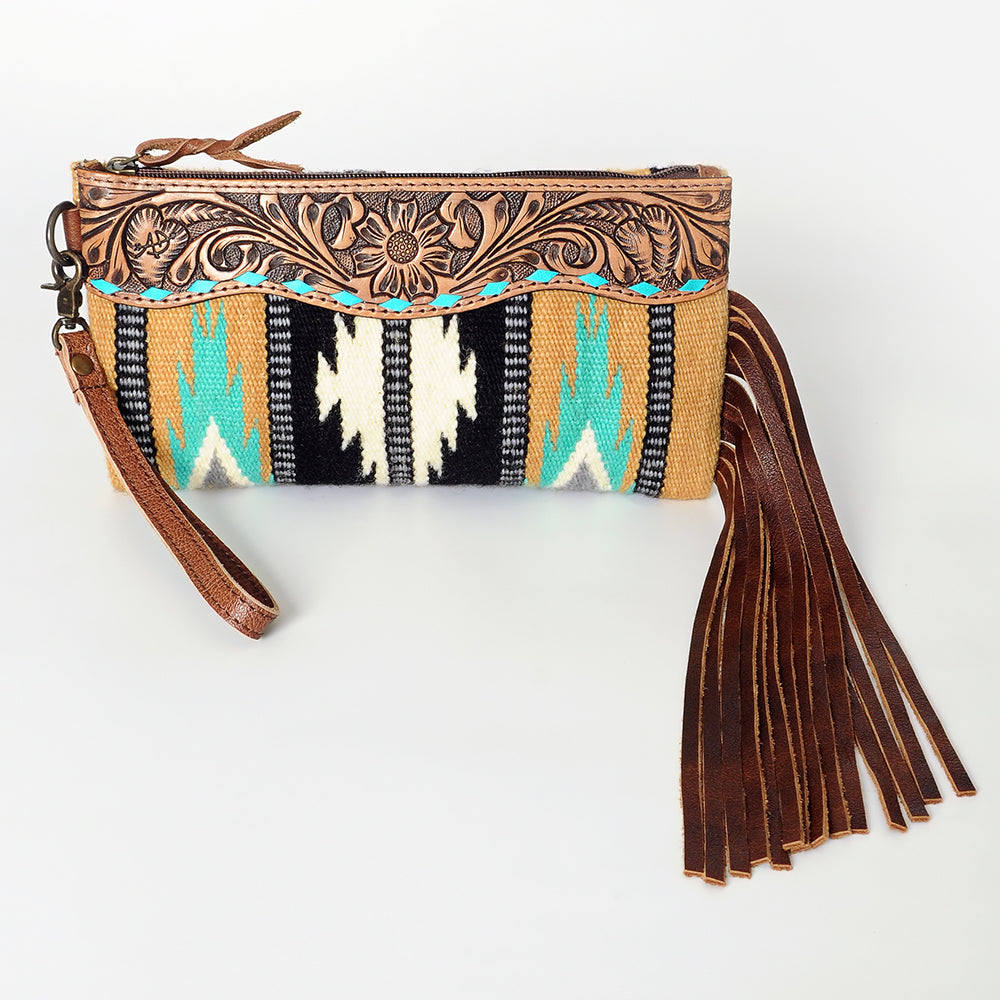 ADBG344 Southwestern Wool Wristlet Clutch with Tooled Leather Trim & Fringe Tassel