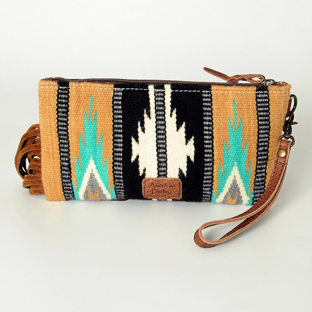 ADBG344 Southwestern Wool Wristlet Clutch with Tooled Leather Trim & Fringe Tassel