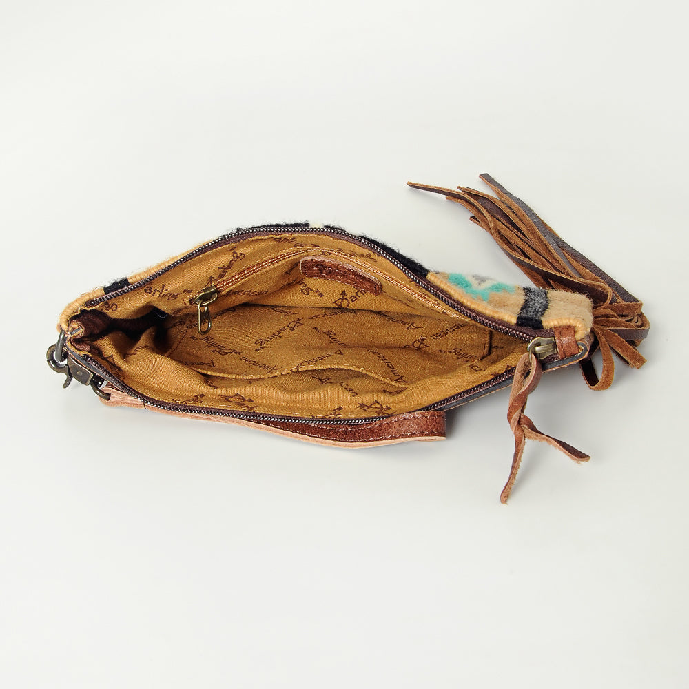 ADBG344 Southwestern Wool Wristlet Clutch with Tooled Leather Trim & Fringe Tassel