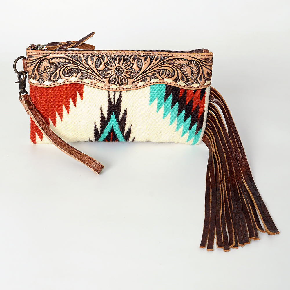 ADBG344 Southwestern Wool Wristlet Clutch with Tooled Leather Trim & Fringe Tassel