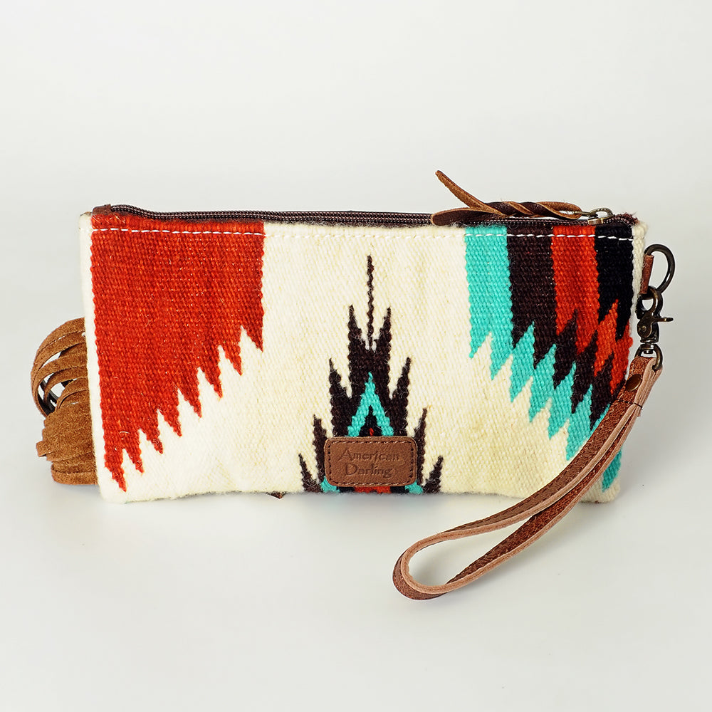 ADBG344 Southwestern Wool Wristlet Clutch with Tooled Leather Trim & Fringe Tassel