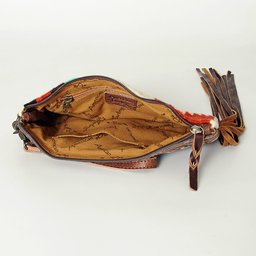 ADBG344 Southwestern Wool Wristlet Clutch with Tooled Leather Trim & Fringe Tassel