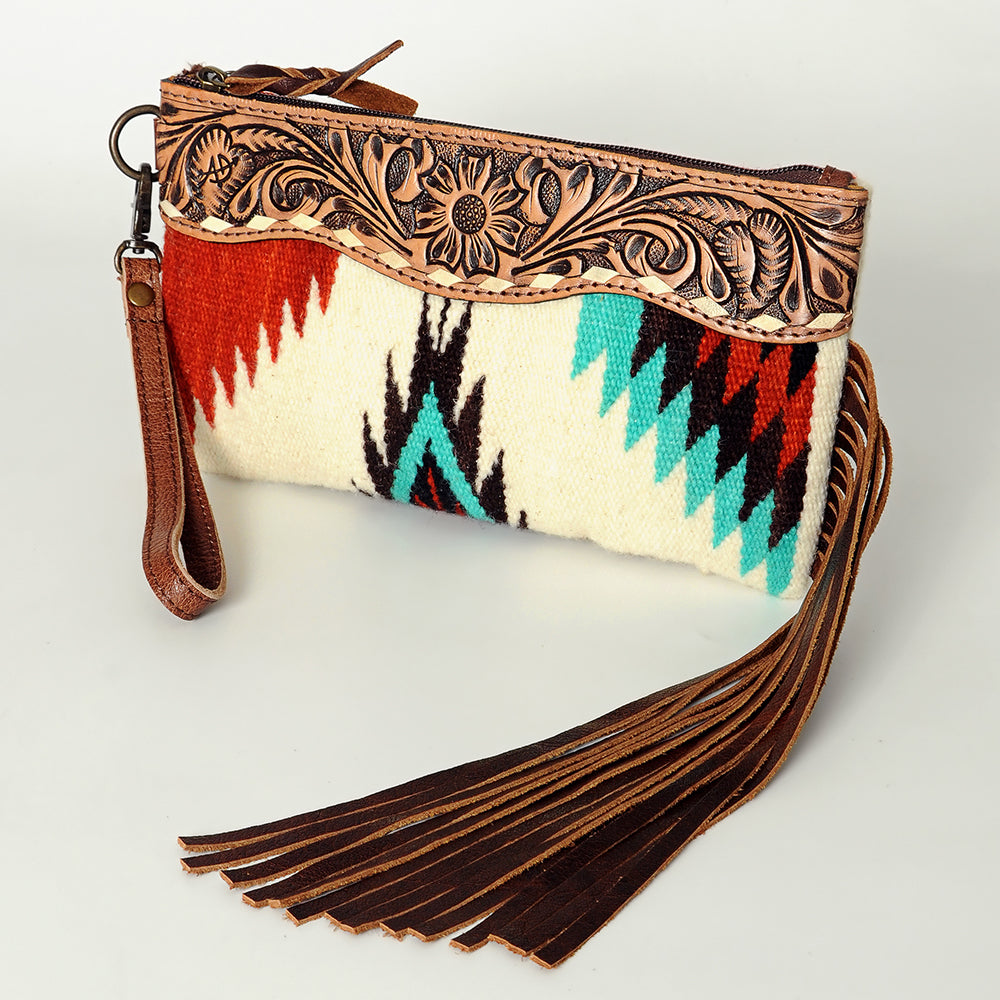 ADBG344 Southwestern Wool Wristlet Clutch with Tooled Leather Trim & Fringe Tassel