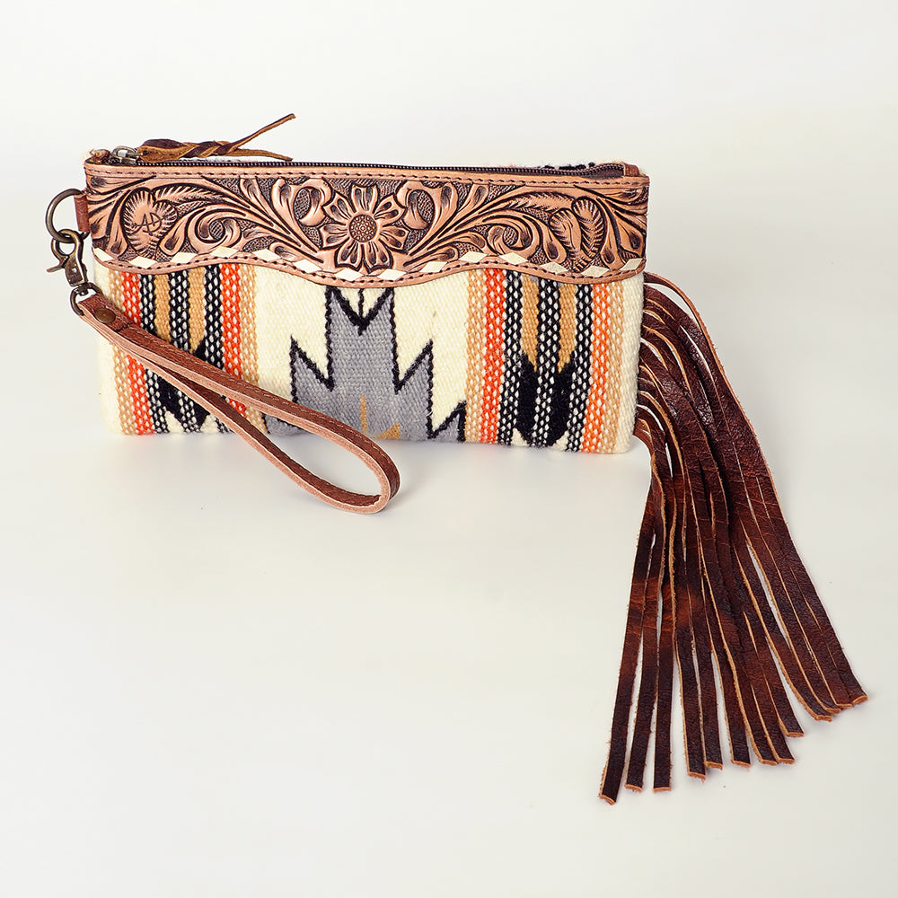 ADBG344 Southwestern Wool Wristlet Clutch with Tooled Leather Trim & Fringe Tassel