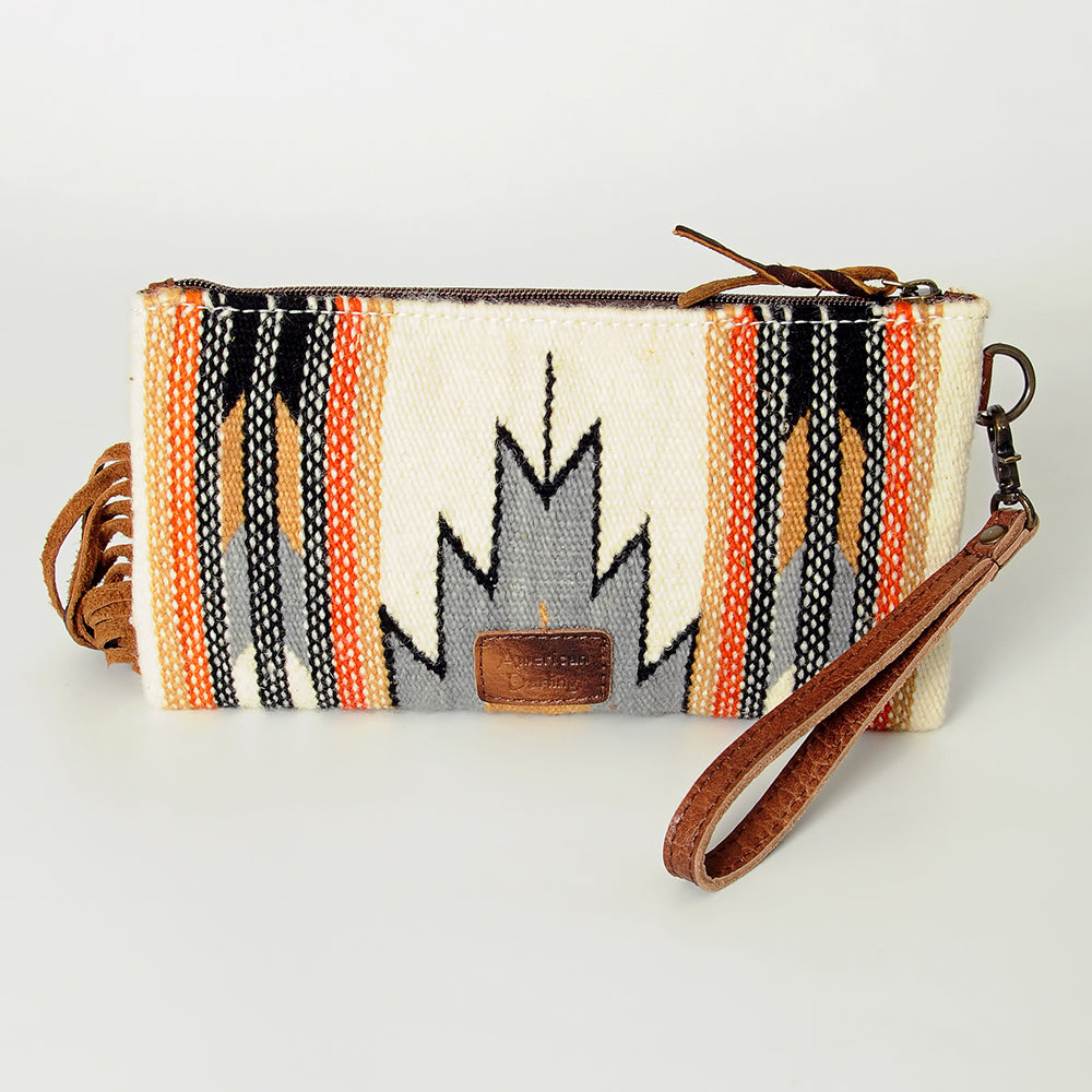 ADBG344 Southwestern Wool Wristlet Clutch with Tooled Leather Trim & Fringe Tassel