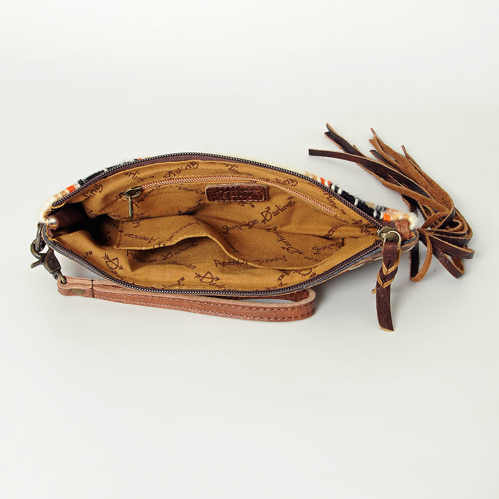 ADBG344 Southwestern Wool Wristlet Clutch with Tooled Leather Trim & Fringe Tassel