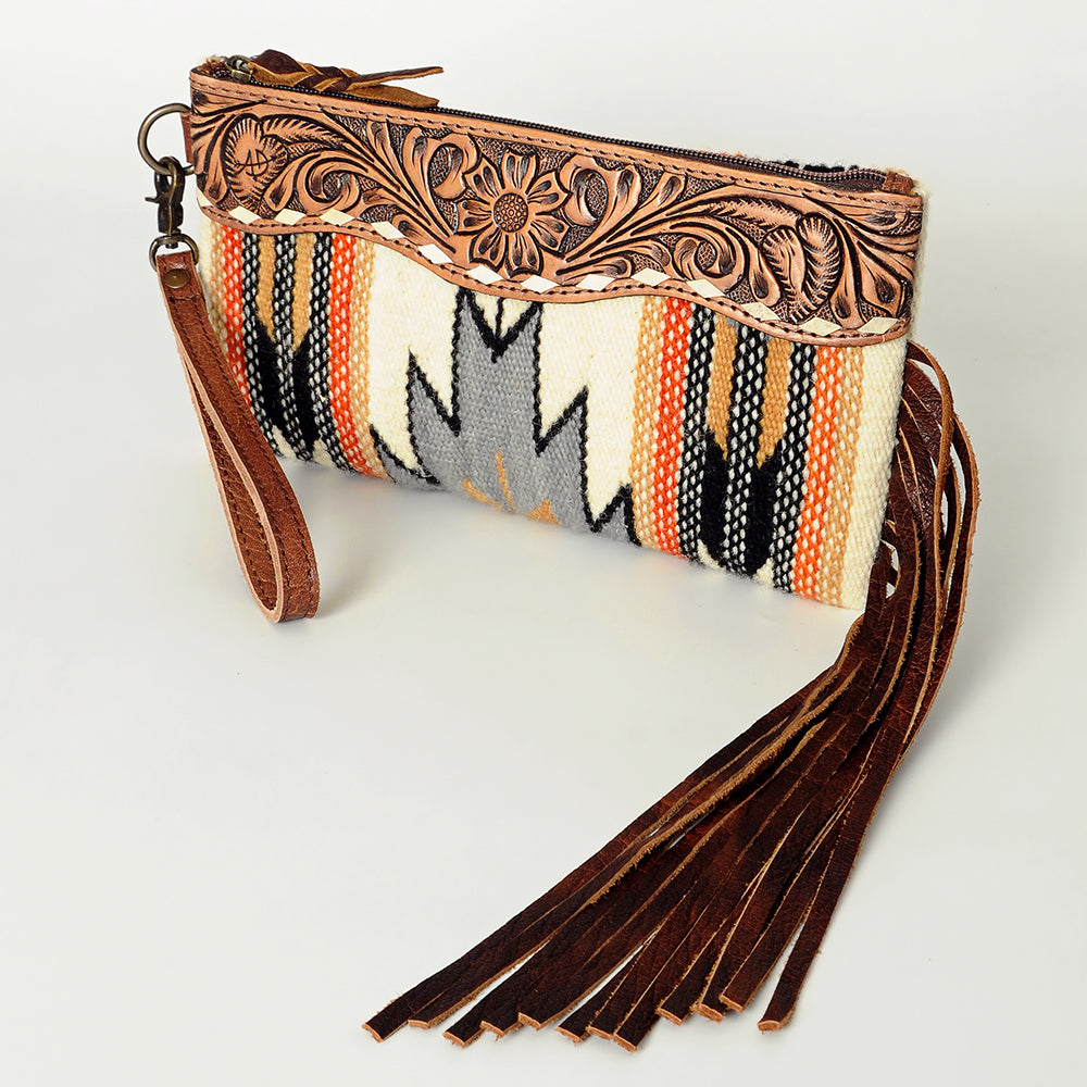 ADBG344 Southwestern Wool Wristlet Clutch with Tooled Leather Trim & Fringe Tassel