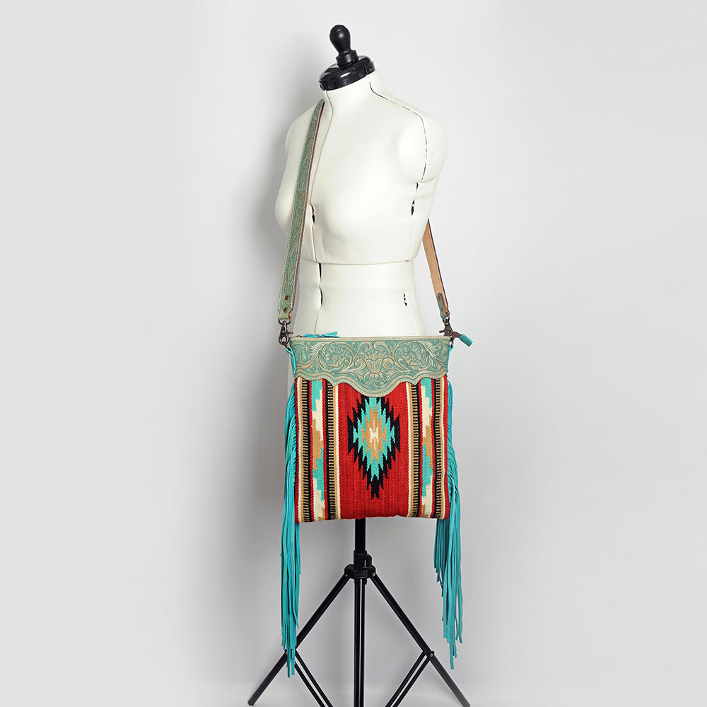 ADBG298 Western Crossbody Bag Handwoven Saddle Blanket & Genuine Leather Fringe