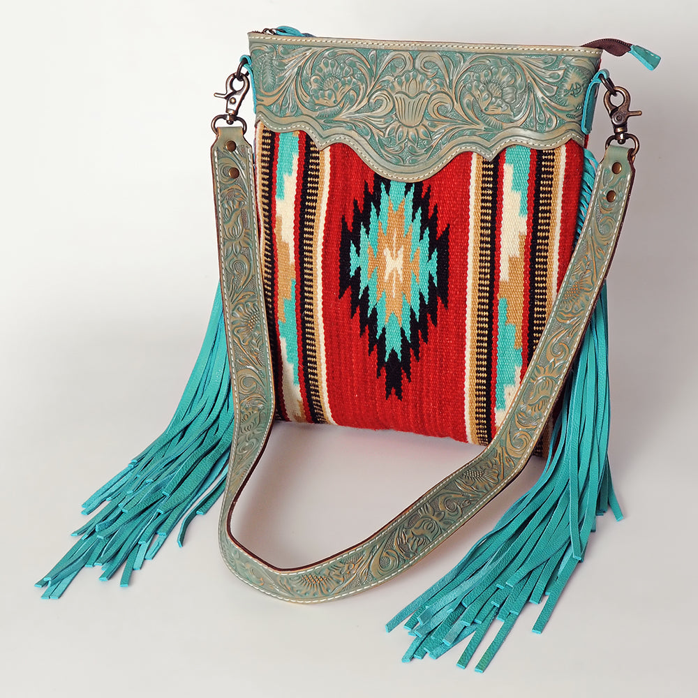 ADBG298 Western Crossbody Bag Handwoven Saddle Blanket & Genuine Leather Fringe