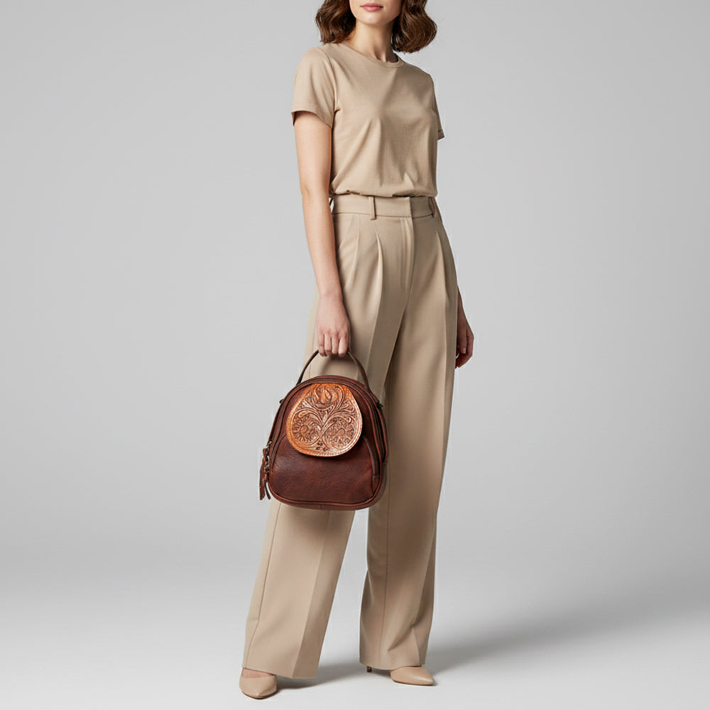 LC-ADBGZ611A Mini Tooled Leather Backpack - Western Floral Carved Brown Daypack