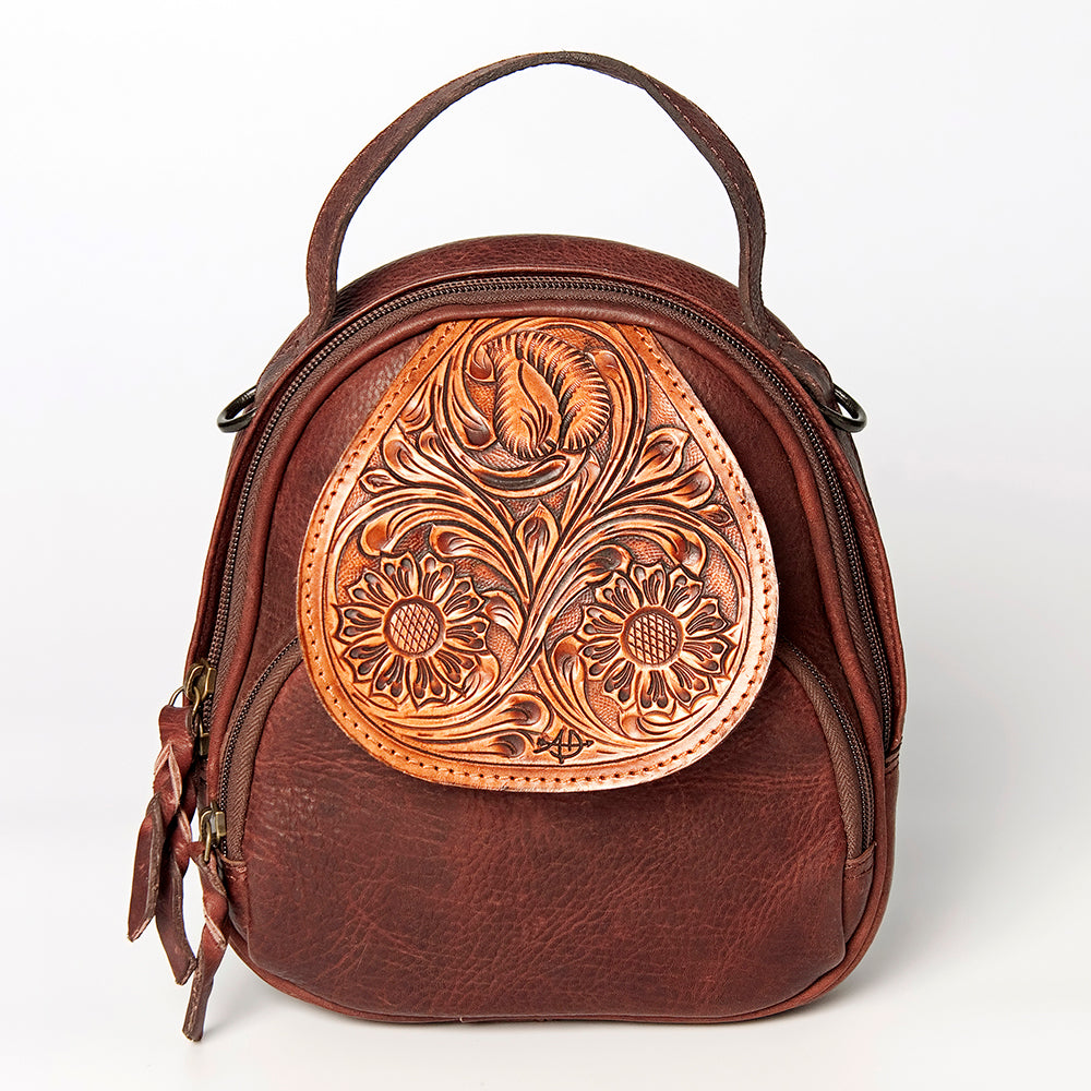 LC-ADBGZ611A Mini Tooled Leather Backpack - Western Floral Carved Brown Daypack