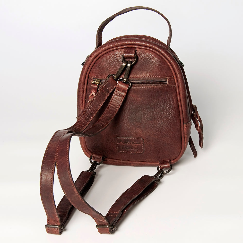 LC-ADBGZ611A Mini Tooled Leather Backpack - Western Floral Carved Brown Daypack