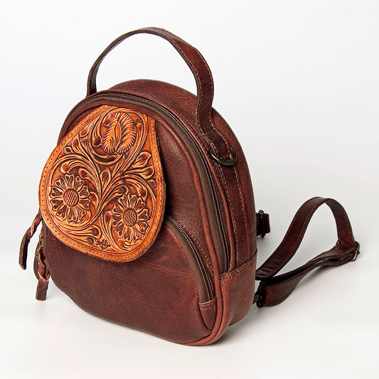 LC-ADBGZ611A Mini Tooled Leather Backpack - Western Floral Carved Brown Daypack