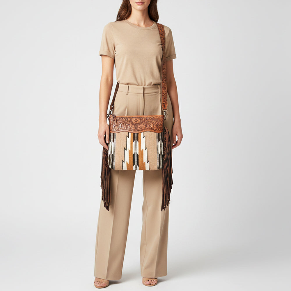 LC-ADBGZ577A Beige & Rust Southwestern Woven Crossbody Bag - Floral Tooled Leather & Fringe Strap