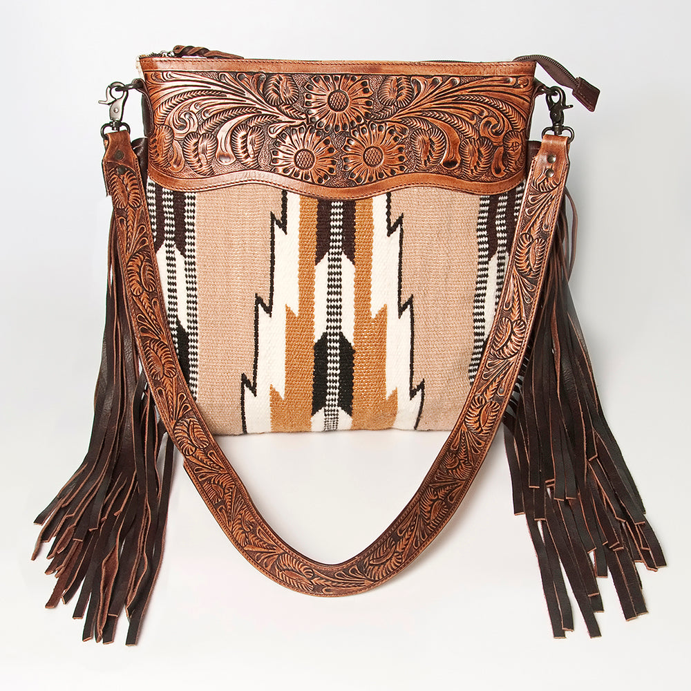 LC-ADBGZ577A Beige & Rust Southwestern Woven Crossbody Bag - Floral Tooled Leather & Fringe Strap