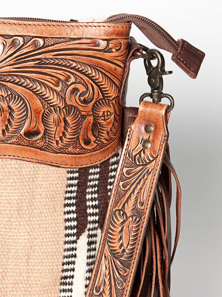 LC-ADBGZ577A Beige & Rust Southwestern Woven Crossbody Bag - Floral Tooled Leather & Fringe Strap
