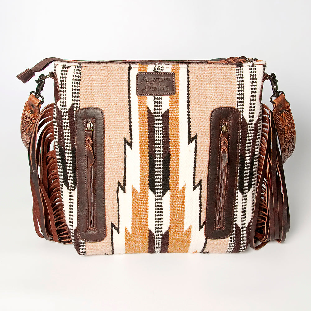LC-ADBGZ577A Beige & Rust Southwestern Woven Crossbody Bag - Floral Tooled Leather & Fringe Strap