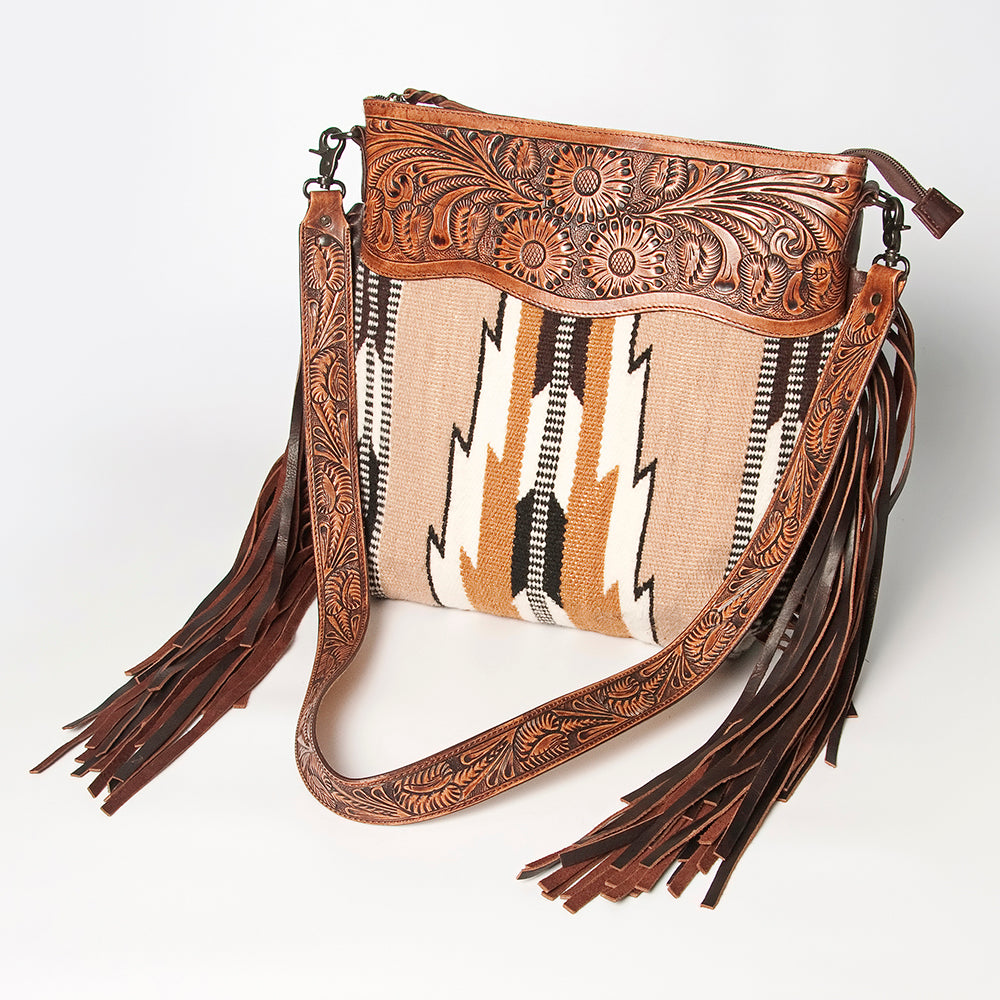 LC-ADBGZ577A Beige & Rust Southwestern Woven Crossbody Bag - Floral Tooled Leather & Fringe Strap