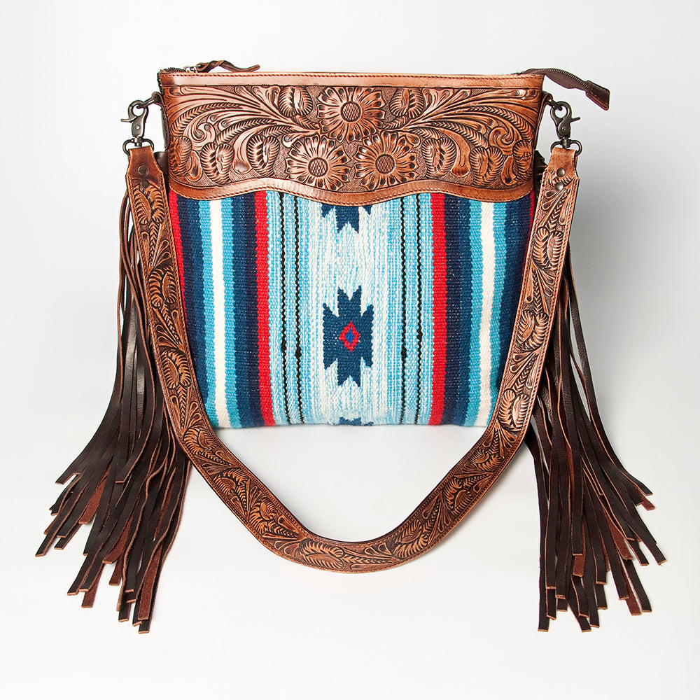 LC-ADBGZ557A Southwestern Woven & Tooled Leather Fringe Crossbody Bag - Blue Serape with Floral Tooled Strap