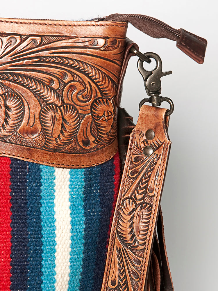 LC-ADBGZ557A Southwestern Woven & Tooled Leather Fringe Crossbody Bag - Blue Serape with Floral Tooled Strap