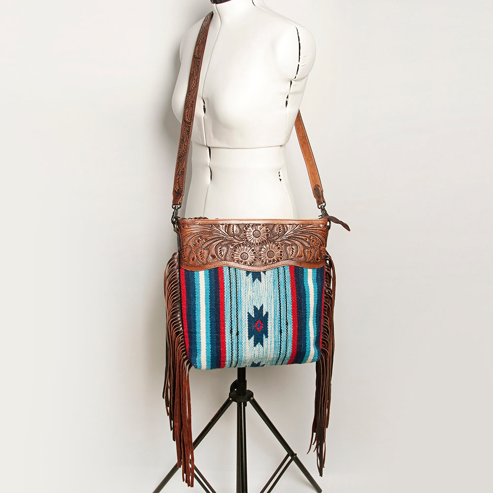 LC-ADBGZ557A Southwestern Woven & Tooled Leather Fringe Crossbody Bag - Blue Serape with Floral Tooled Strap