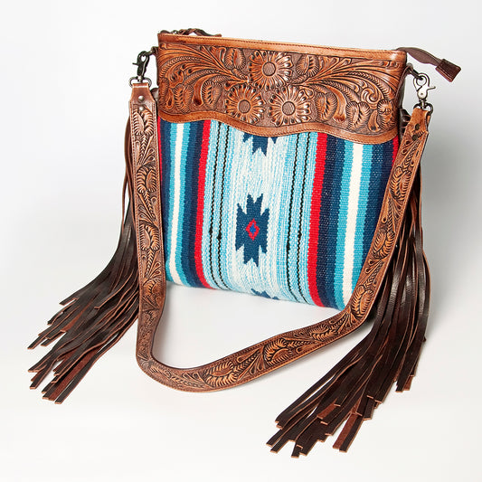 LC-ADBGZ557A Southwestern Woven & Tooled Leather Fringe Crossbody Bag - Blue Serape with Floral Tooled Strap