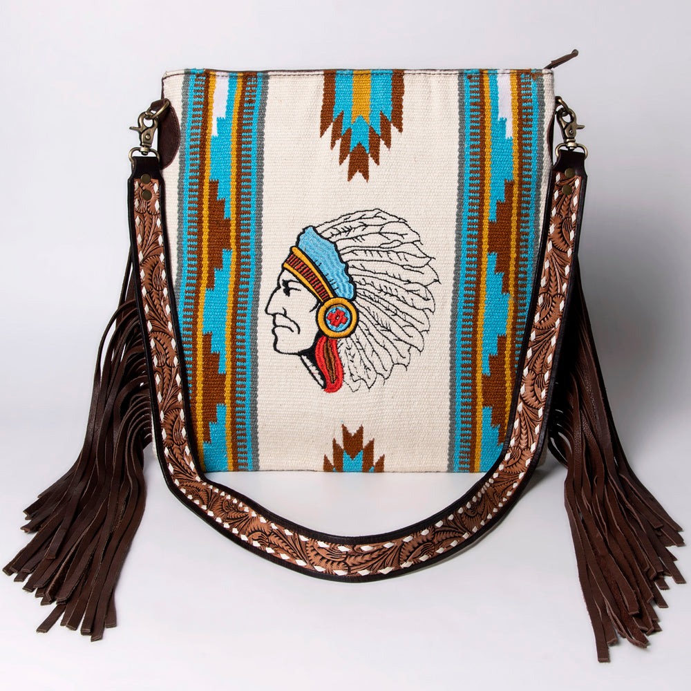ADBGA263 American Darling Southwestern Woven Fringed Tooled Leather Crossbody Bag