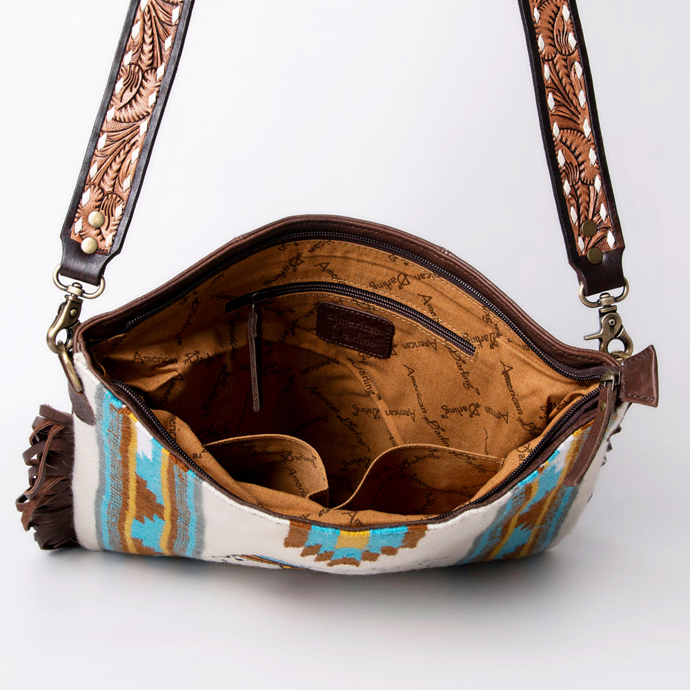 ADBGA263 American Darling Southwestern Woven Fringed Tooled Leather Crossbody Bag