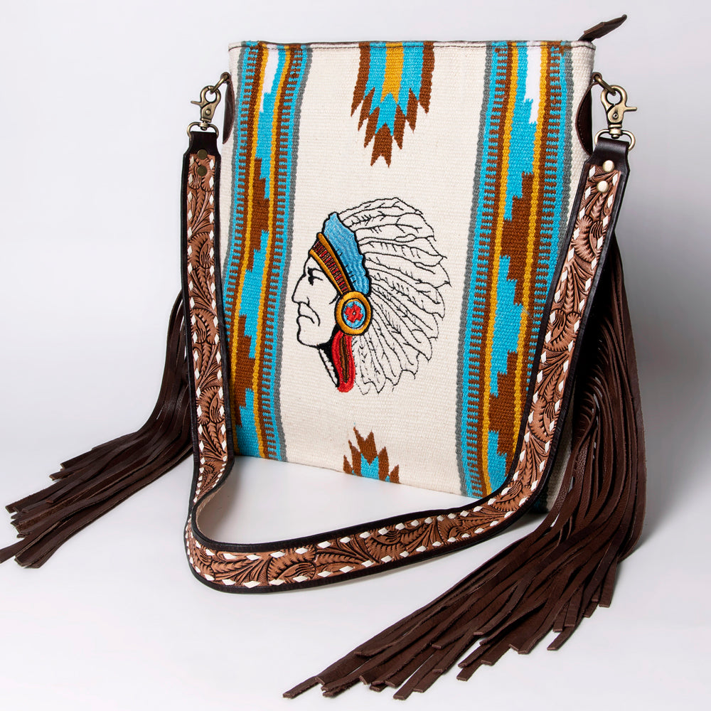 ADBGA263 American Darling Southwestern Woven Fringed Tooled Leather Crossbody Bag